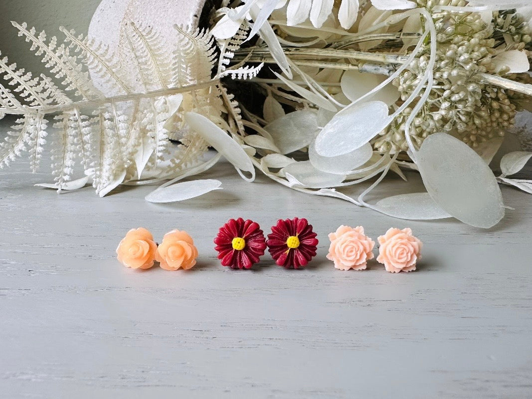 Flower Earrings Gift Set, Juicy Melon Rose, Deep Red Gerber Daisy, Summer Peach Rose, Cute Floral Hypoallergenic Post Earrings for Girls