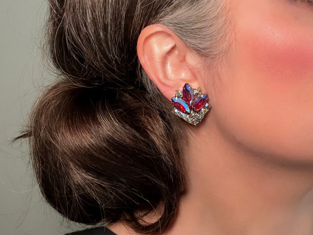 1960s Crystal Earrings, Deep Red Marquise Earrings Blue Aurora Borealis Finish, Exquisite Vintage Rhinestone Clip On Earrings Earrings