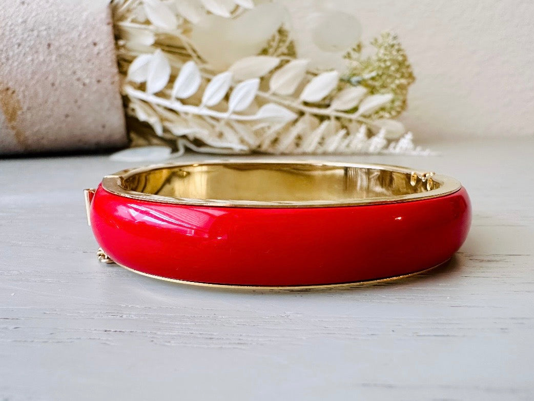 Vintage Red Clamper Bracelet, 1980s Classic Bracelet Red + Gold