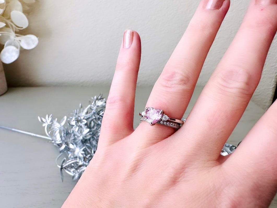 Vintage Heart Ring, Size 7 Fitted Ring, Valentine's Day Sparkling Pink Heart with Two Prong Set Diamond Rhinestones, Pretty Sweetheart Ring