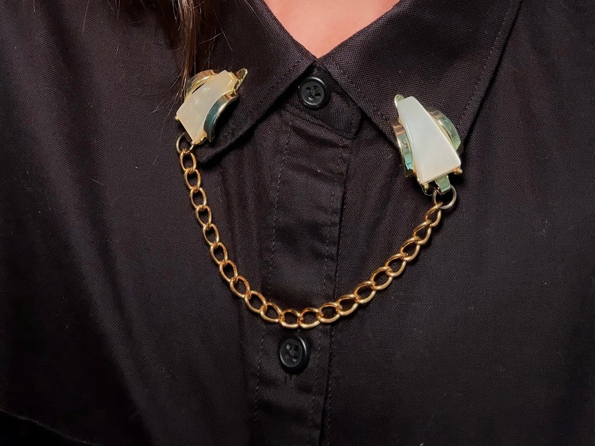 1950s Vintage Sweater Clips, Gold Chain Collar Clips with Moonglow Thermoset Cabochons