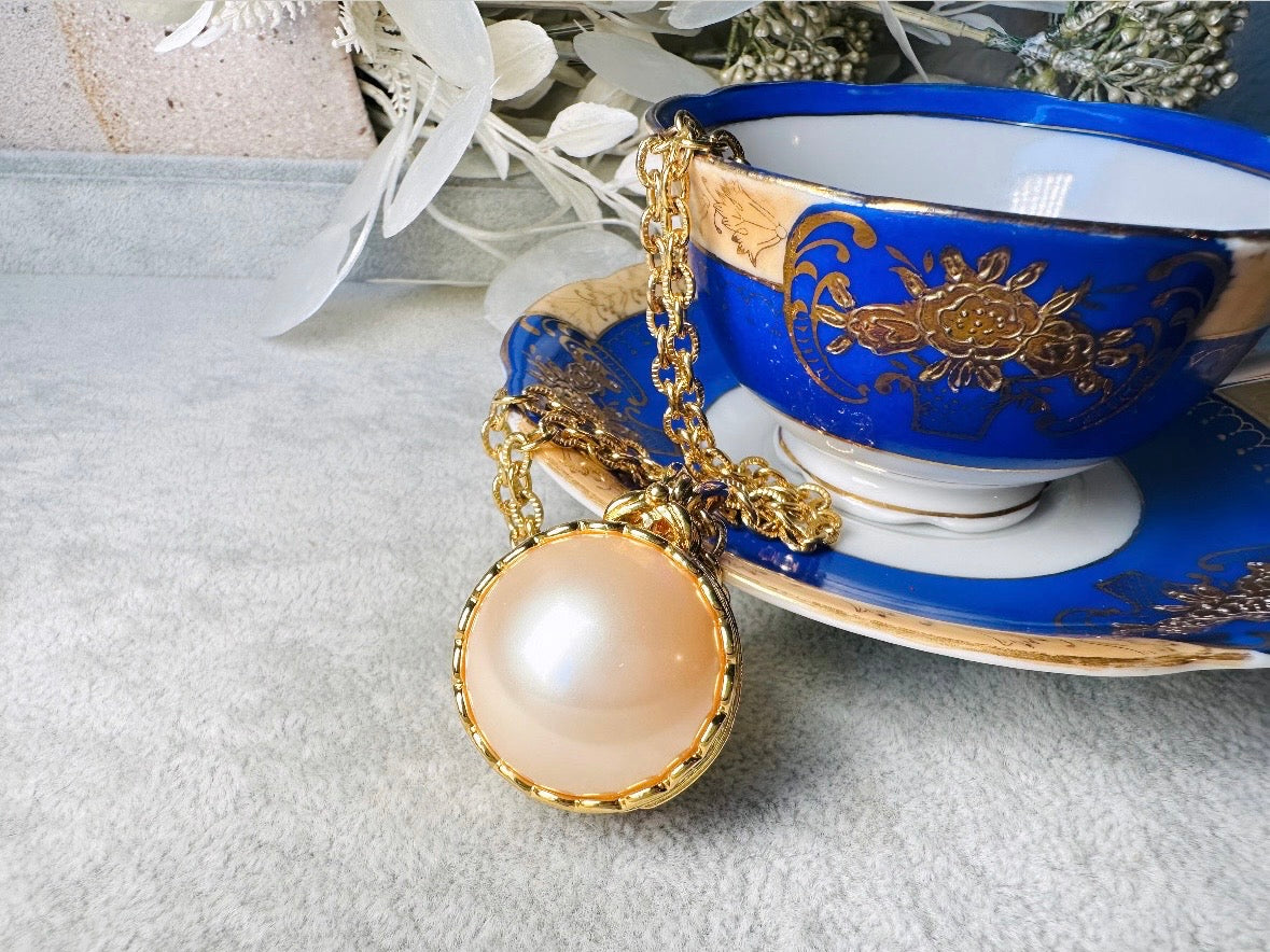 Pearl Locket Necklace, LCI Gold Locket Pearl Sphere Pendant Necklace, Long Gold Chain Vintage Liz Claiborne Pearl Locket Pendant