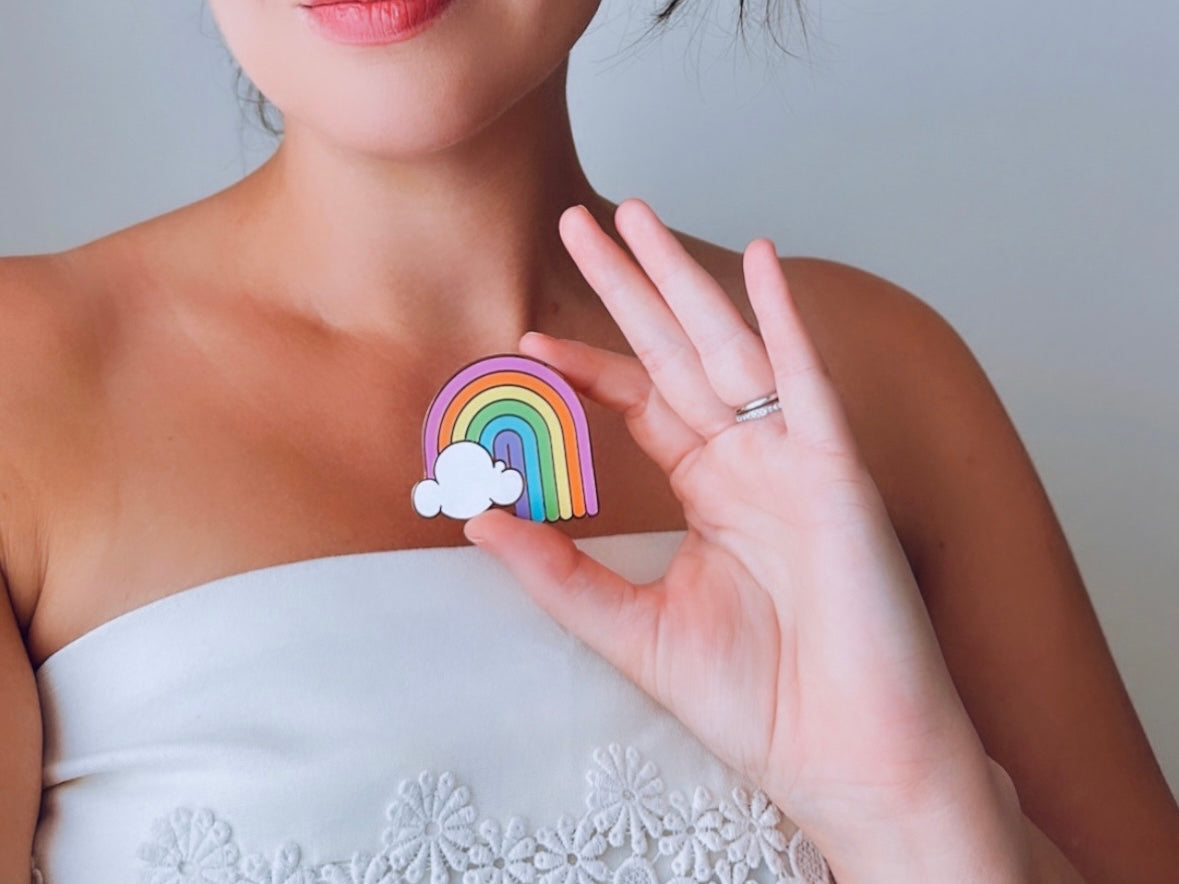 Vintage Rainbow Pin, Pastel Rainbow with Cloud 1970s Big Bud Vintage Brooch, Love is Love, Friendship Pride, Double Lapel Pin
