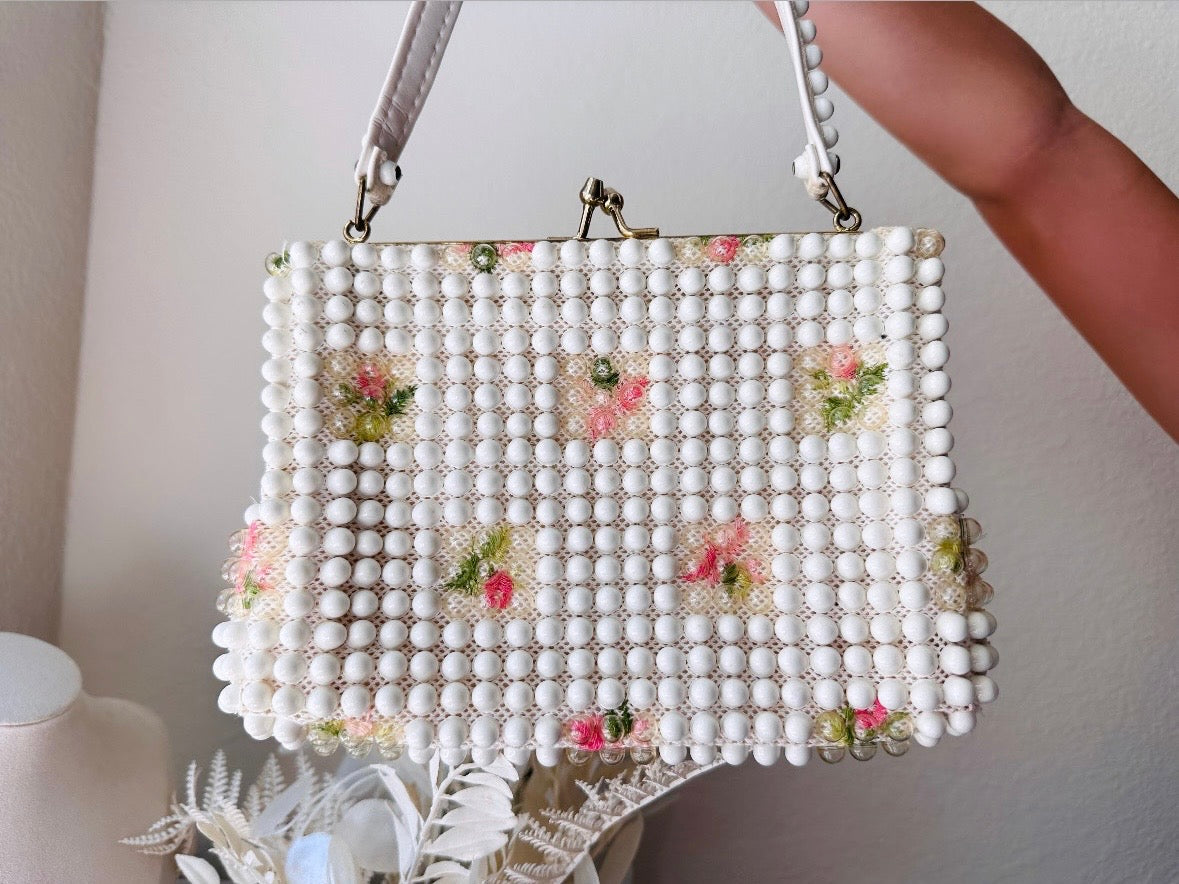 Vintage Beaded Purse authentic White Pastel Flowers Japan