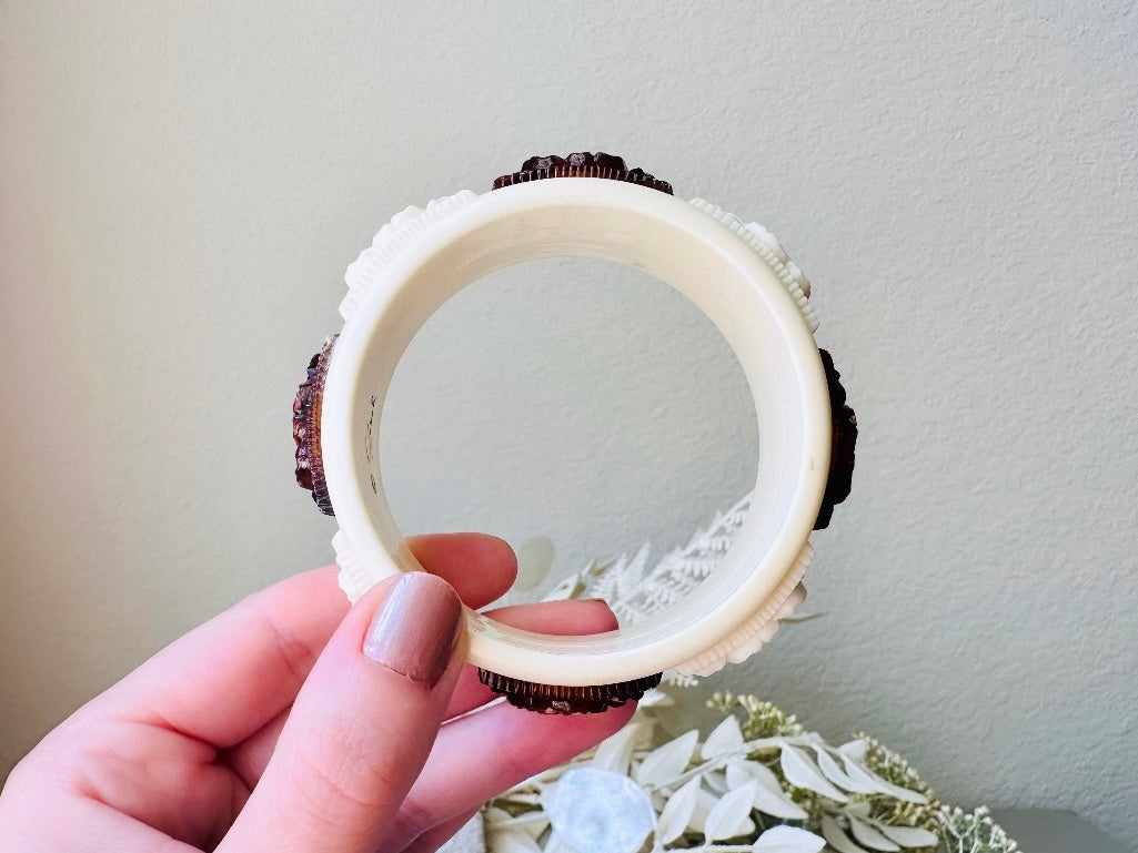 Vintage Bangle Bracelet, 1970s Carved Rose Lucite Bracelet in Cream and Amber