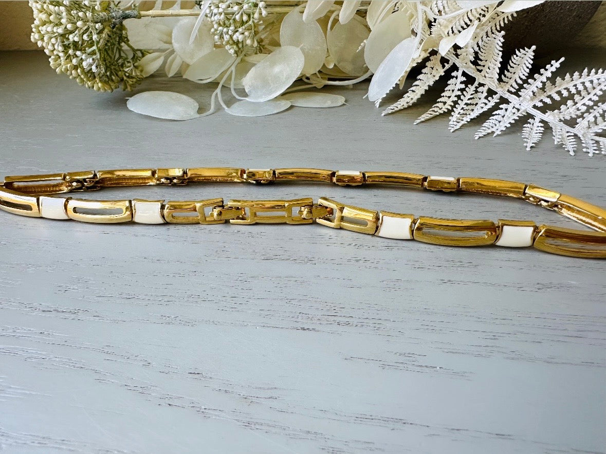 Vintage Monet Necklace in Cream and Gold, 1970s Vintage Designer Jewelry, Geometric Gold Bar Panel Link Choker Necklace, Adjustable Length