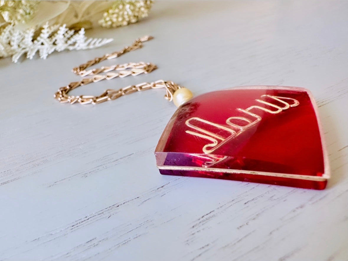 Doris Vintage Necklace, Clear + Red Lucite Diamond Shape Pendant Necklace, Personalized Doris Name Wire Work Faux Pearl, Gold Tone Chain