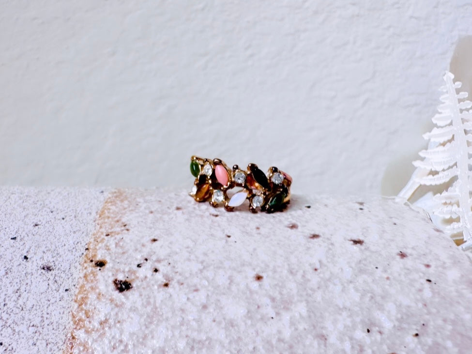 Multistone Vintage Statement Ring, Size 4.75 Fitted Ring, Tiny Marquise Cut Tiger's Eye, Jade, Carnelian, Opal and Diamond Rhinestone Ring