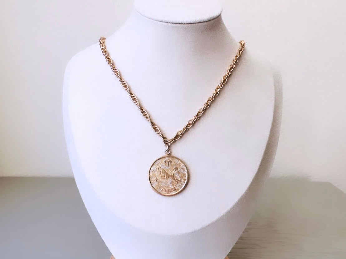 Vintage Aries Zodiac Necklace, Star Sign Astrology Necklace, Unique Birthday Necklace, 20" Long Gold Aries Astrology Pendant Coin Necklace