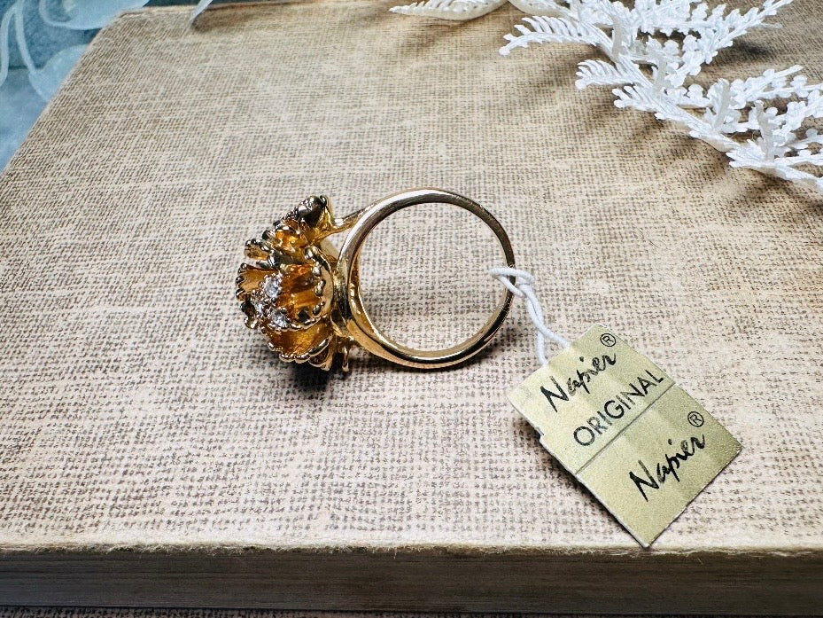 Vintage Statement Ring, Napier Ruffled Gold Flower Ring with Swarovski Crystal Accents, Chunky Multi Stone Cocktail Ring 18K Size 6 EUC