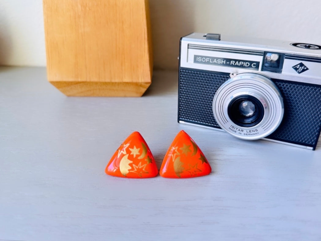 1970s Orange Triangle Earrings with Gold Stars and Moons, Oversized Acrylic Pierced Earrings, Fun Retro 70s Vintage Earrings, Big Triangles