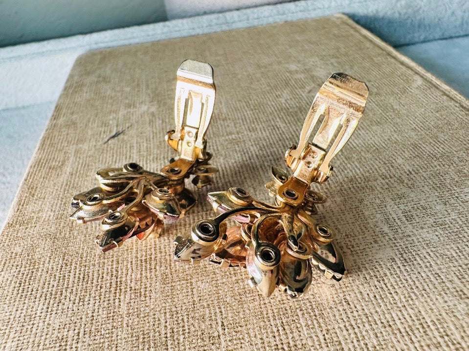 Vintage Rhinestone Earrings, Stunning Plum Pink and Green 1960s Cocktail Earrings, Sparkling Marquise Cut Amethyst Wing Statement Earrings