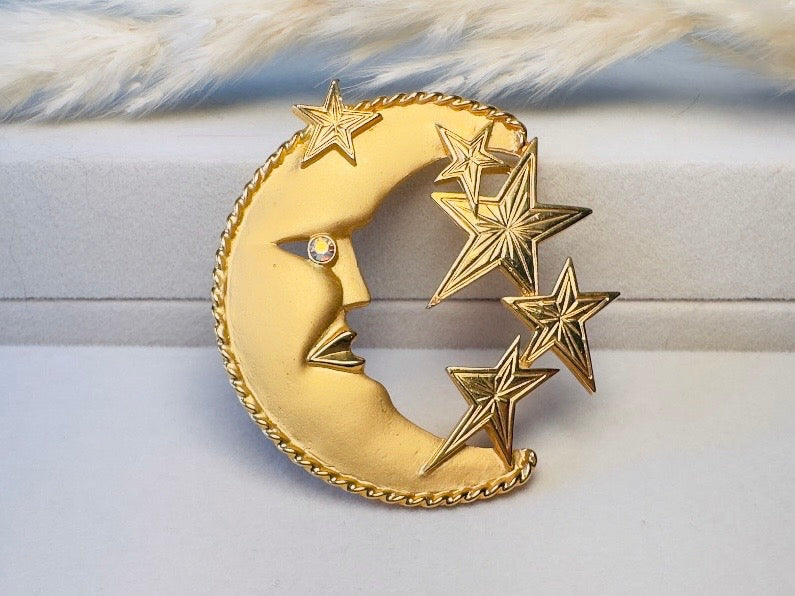 Moon and Stars Vintage Matte Gold JJ Brooch, Man in the Moon Oversized Celestial Jewelry