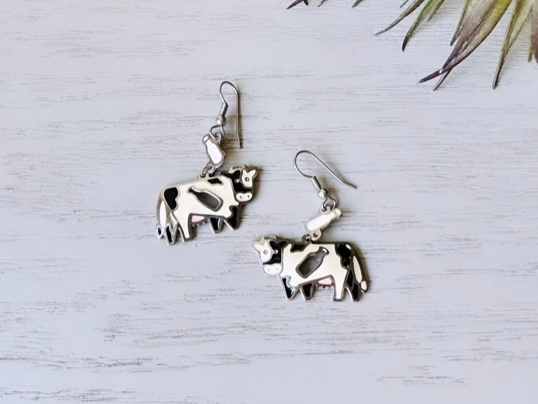 Vintage Berebi Cow Earrings, Adorable Cow and Milk Bottle Earrings, Fun 1980s Collector's Earrings, Pierced Enamel Earrings, Cool Retro