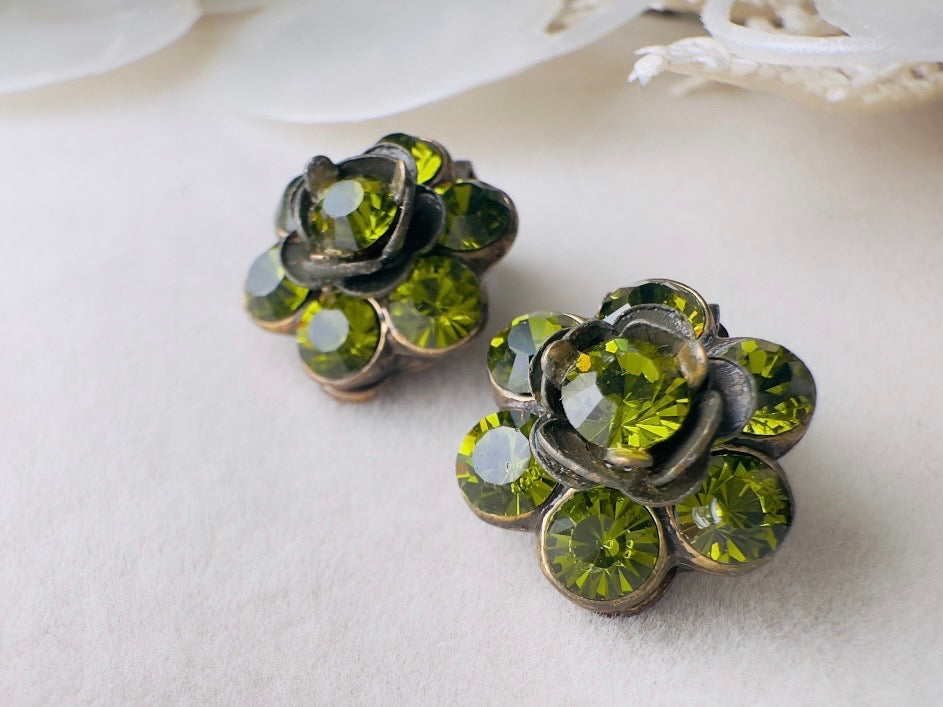 Green Rhinestone Flower Earrings, Small Vintage 1960s Olive Green Crystal Clip On Earrings