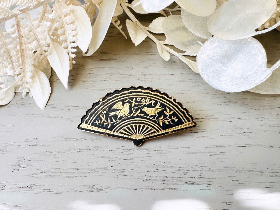 Vintage Damascene Brooch, Black and Gold Floral Bird Pin, Etched Gold on Matte Black Intricate Fan Brooch