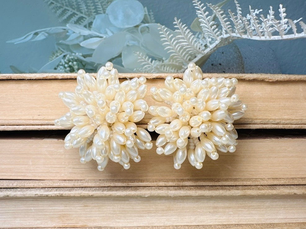 Pearl Pom Pom Earrings, Incredible Vintage Statement Earrings, Dreamy Cream Pearl Earrings, Extravagant Pearl Cluster Cocktail Earrings