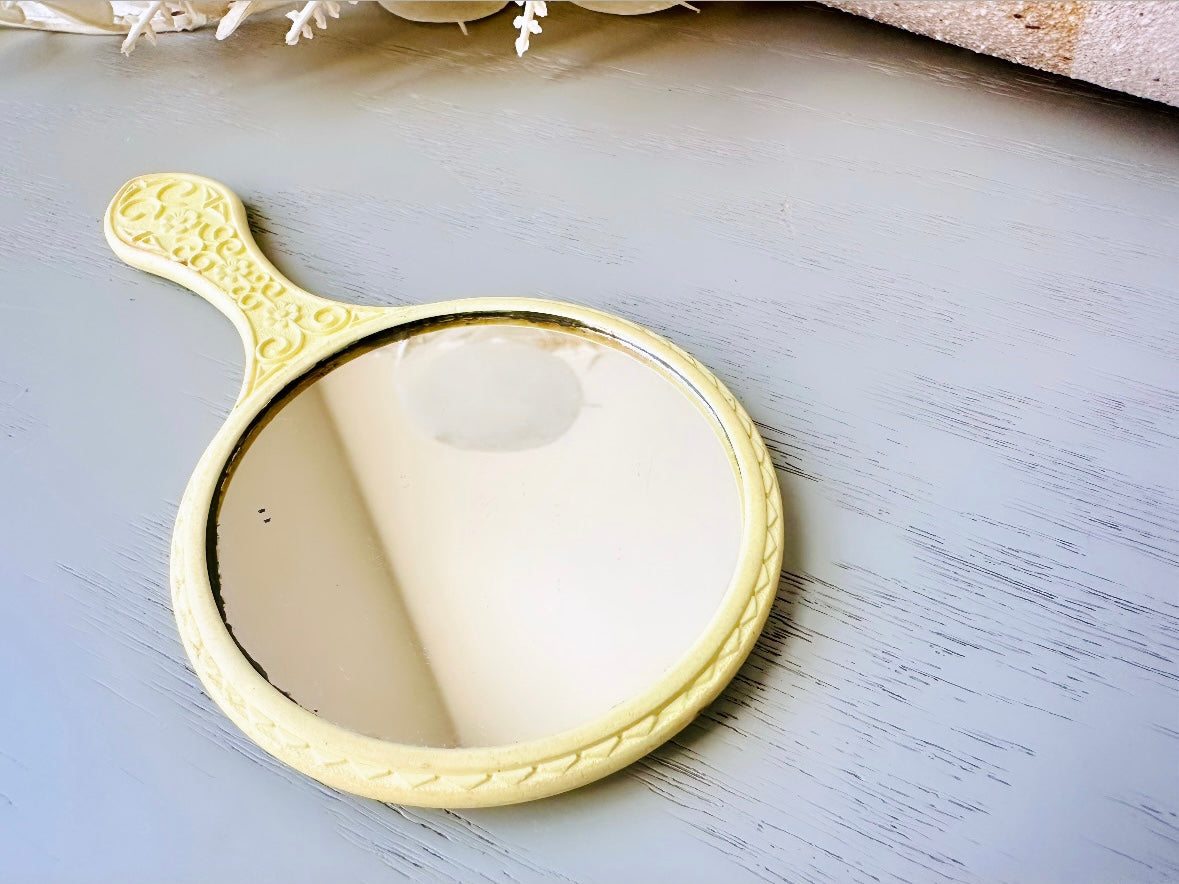 Vintage 60s Yellow Hand Mirror, Embossed Flower Pastel Yellow Vintage 1960’s Cute Mirror, Vtg 60s Girl's Handheld Makeup Mirror