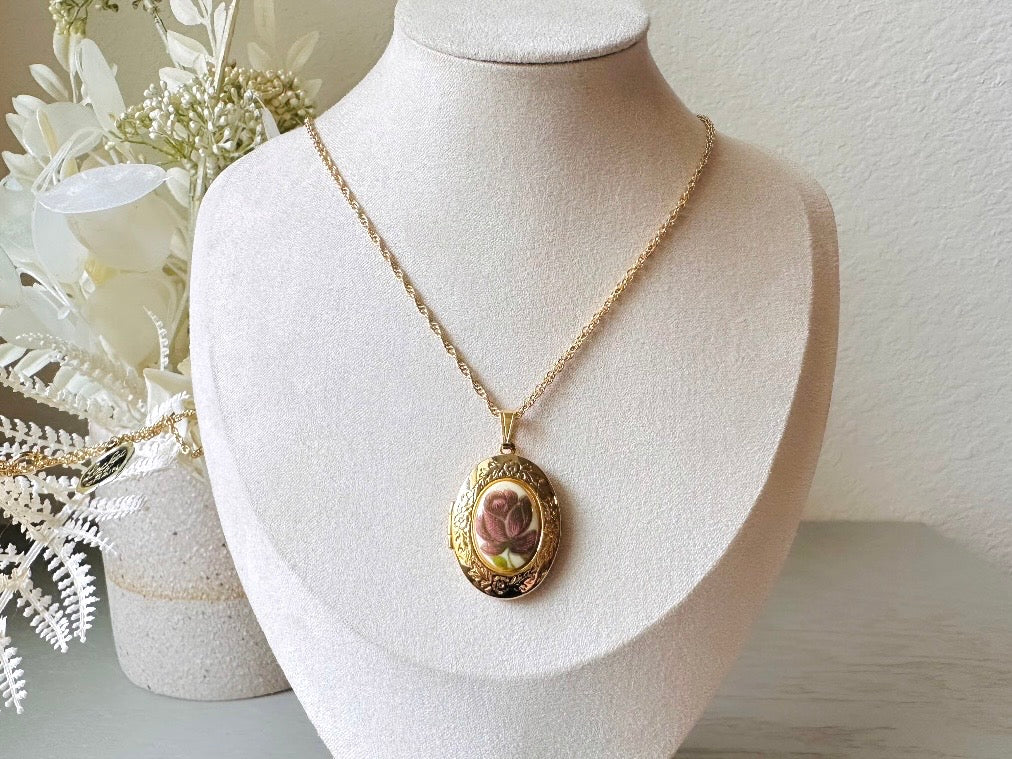Flower Locket Necklace, Vintage Gold Chain with Plum Rose Cameo,