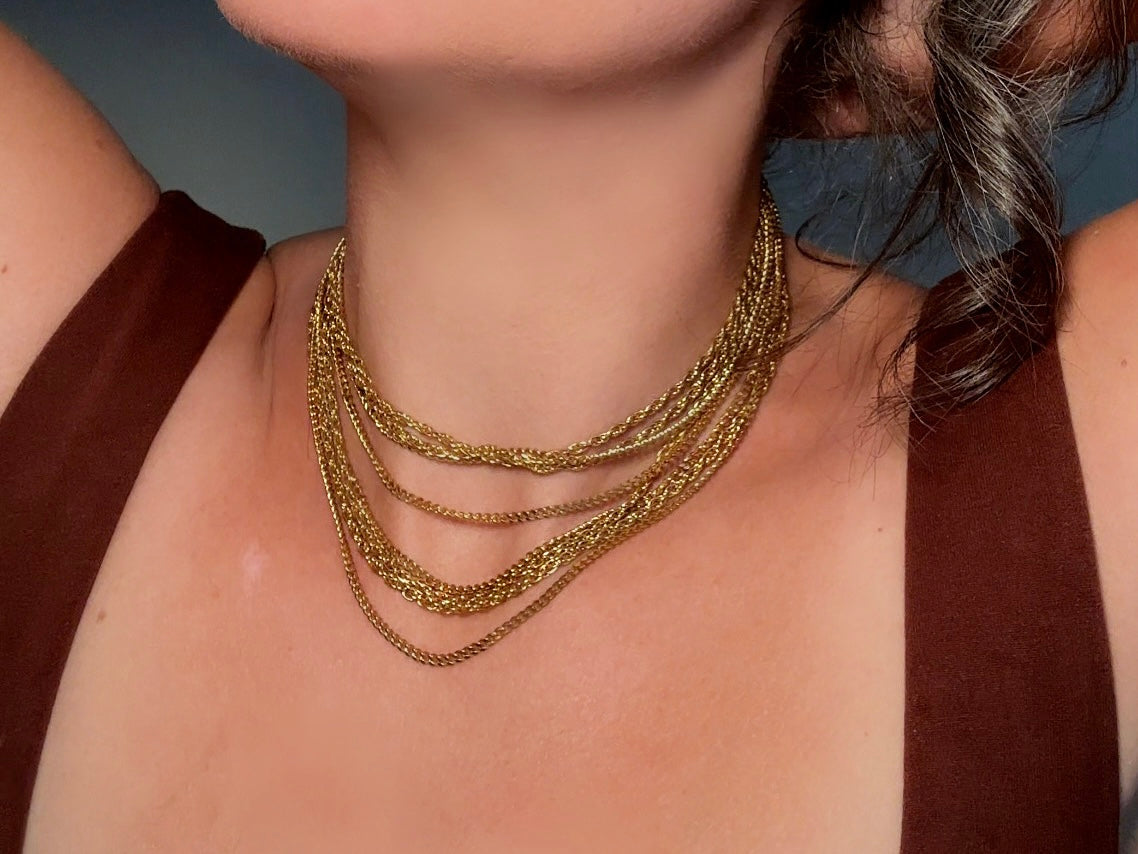 Vintage Gold Chain Multistrand Necklace, Gorgeous 8 Strand Fine Gold Chain Layered Necklace with Beautiful Butterfly Clasp