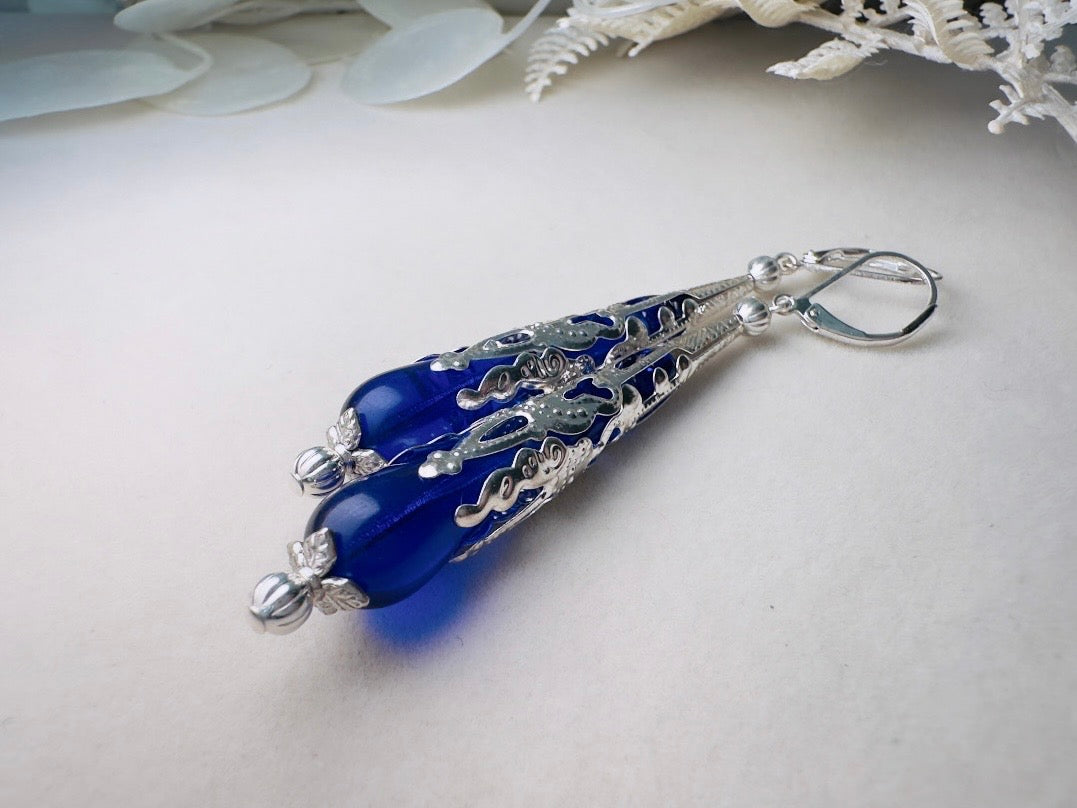 Blue Teardrop Earrings, Long Handmade Cobalt Blue Czech Glass Beaded Drop Earrings with Victorian Silver Filigree Cones
