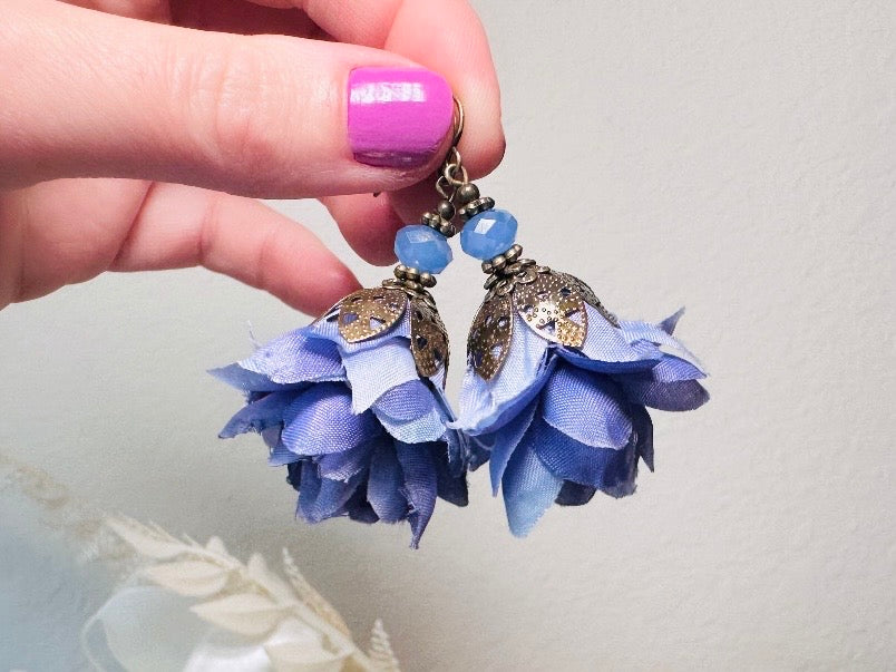 Faerie Flower Earrings in Periwinkle, Handmade Whimsical Organza Flower Earrings, Purple Blue Floral Earrings w Crystals and Hammered Bronze
