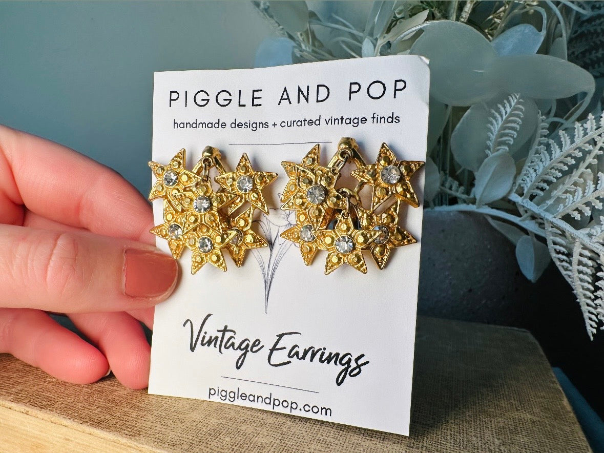Vintage Star Earrings, Dimensional Gold and Rhinestone Statement Earrings, Unique Celestial Dangle Earrings, Star Charm Clip Ons