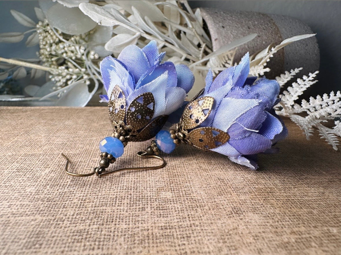 Faerie Flower Earrings in Periwinkle, Handmade Whimsical Organza Flower Earrings, Purple Blue Floral Earrings w Crystals and Hammered Bronze