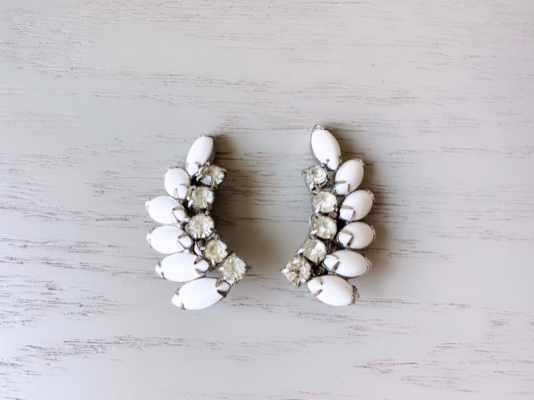 Vintage Milk Glass Earrings, 1960s Dramatic Rhinestone Clip-on Earring, Prong Set Vintage Crawler Earrings, Stunning Elegant Bridal Earrings