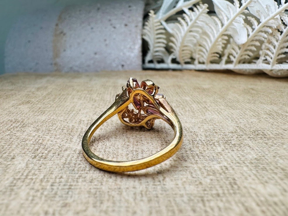 Vintage Cocktail Ring, Prong Set Plum Purple Baguette Stones in Wave with Clear Diamond Rhinestones, Gorgeous Gold Plated Cocktail Ring Sz 6
