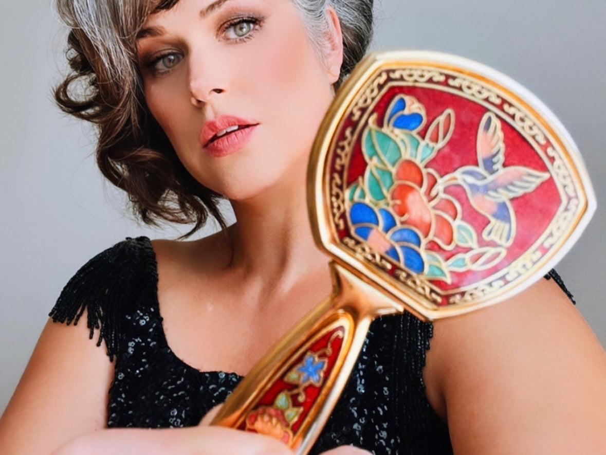 Vintage Cloissone Folding Flip Mirror, Deep Red Blue Gold Vintage 1970s Floral Hummingbird Pocket Mirror, Colorful Flower Mini Makeup Mirror