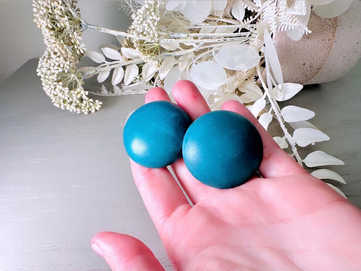 Oversized Wood Earrings, Teal Blue Extra Large Vintage Earrings, Big Teal Earrings, Huge 1970s Earrings, Funky Boho Retro Clip On Earrings