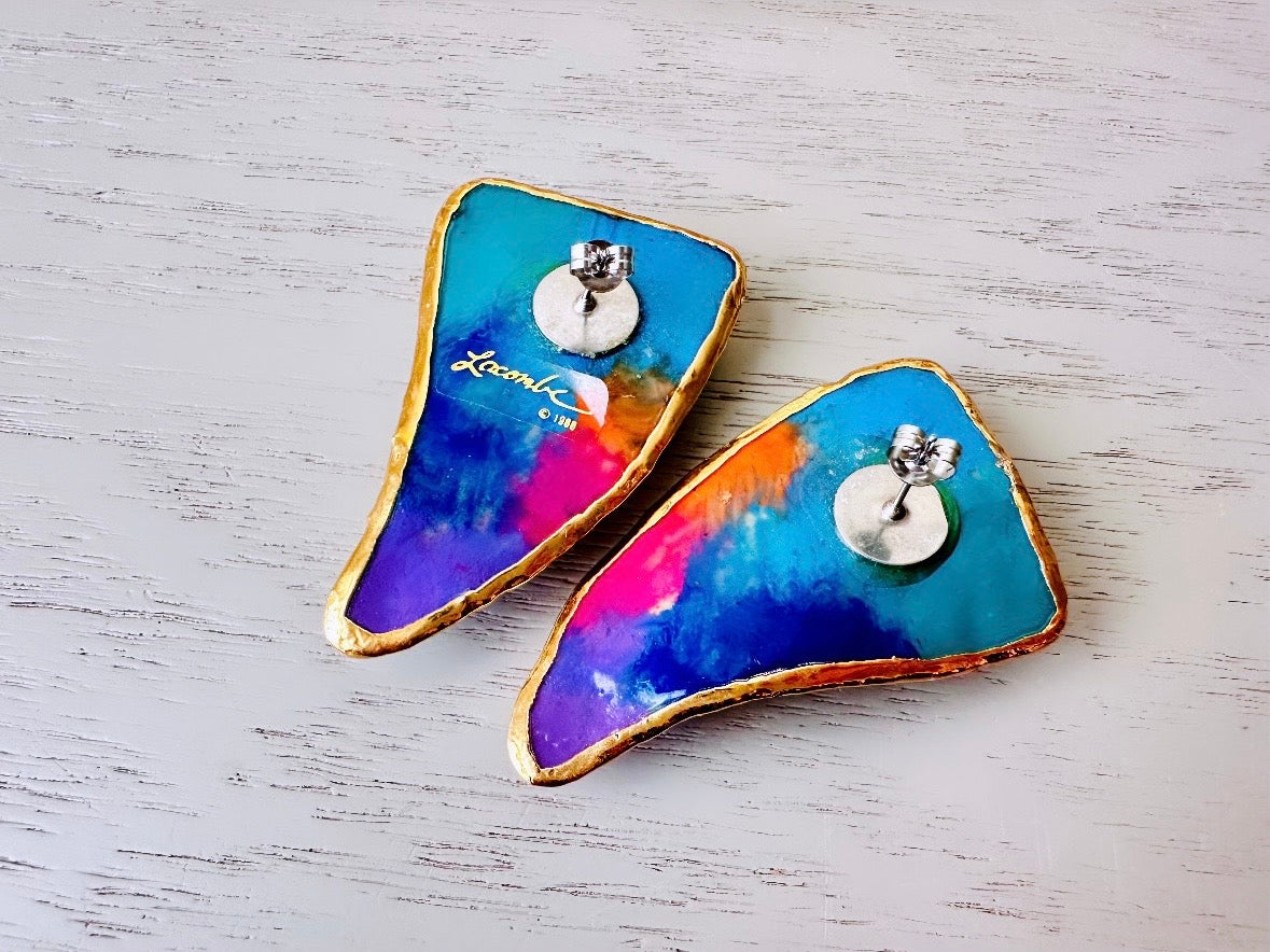 Colorful Designer Amy Lacombe Statement Earrings, Rainbow Hand Sculpted 24K Gold RARE 1980s Collectible Avant Garde Wearable Art Earrings