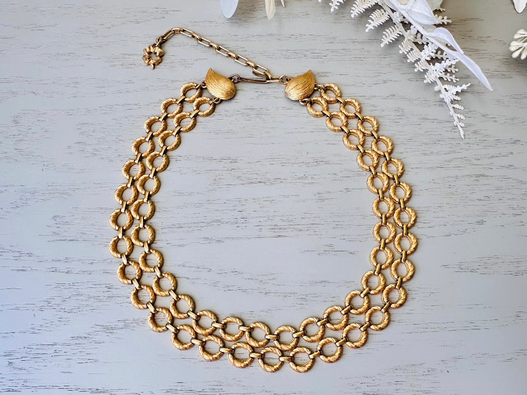 Gold Vintage Double Chain Necklace, Textured Matte Gold Layered Loops, Bold 80s Mogul Style, Leaf and Shamrock Details Authentic Vintage