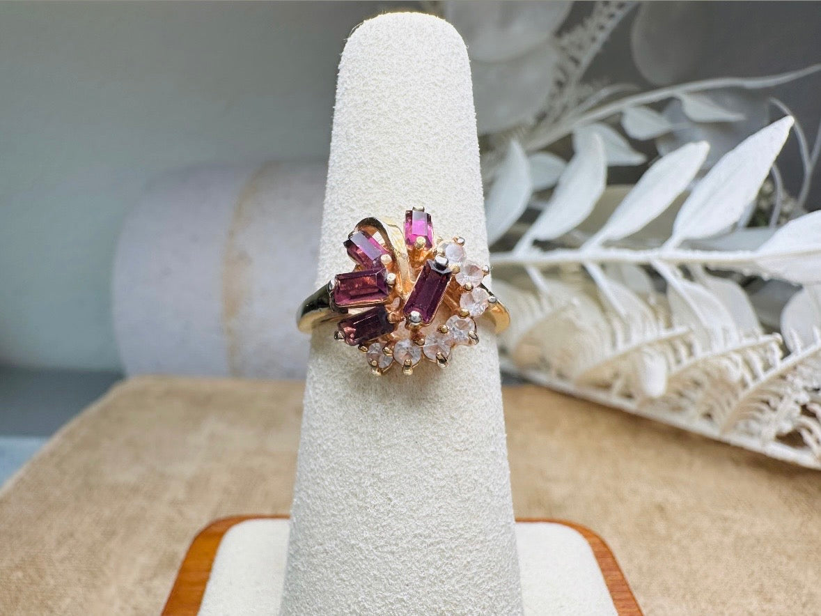 Vintage Cocktail Ring, Prong Set Plum Purple Baguette Stones in Wave with Clear Diamond Rhinestones, Gorgeous Gold Plated Cocktail Ring Sz 6