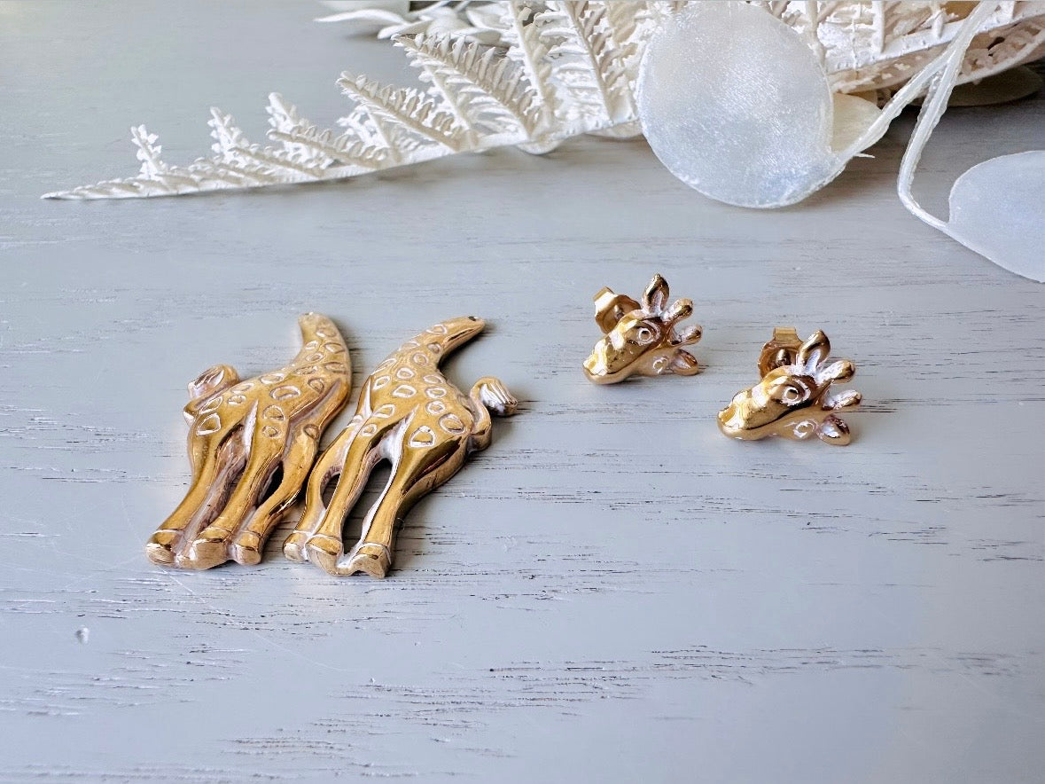 Vintage Giraffe Earrings, White and Gold Pierced Post Earrings with Moveable Head, Convertable Stud to Dangle Earrings, Animal Lover Gifts