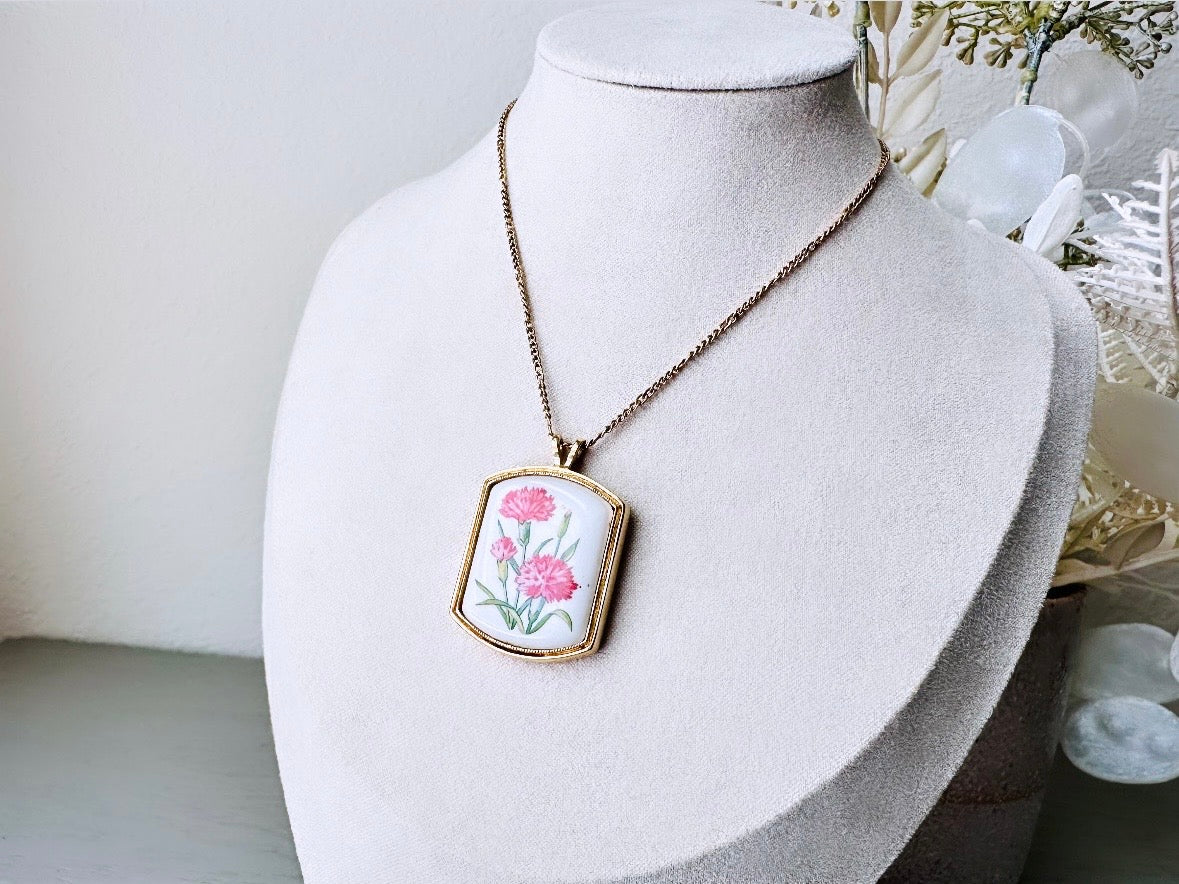 January Birthflower Necklace, Pink Carnation January Birthday Necklace, 1980 Floral Heritage Porcelain & Gold Botanical Flower Pendant
