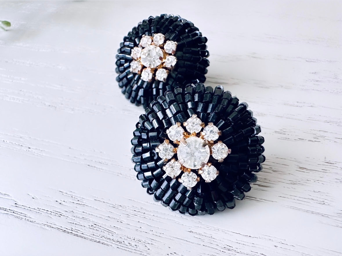 1960s Mod Vintage Beaded Statement Earrings, Black and Rhinestone Glam Clip Earrings, Rare 1960s Earrings, Retro Authentic 60s Mod Earrings