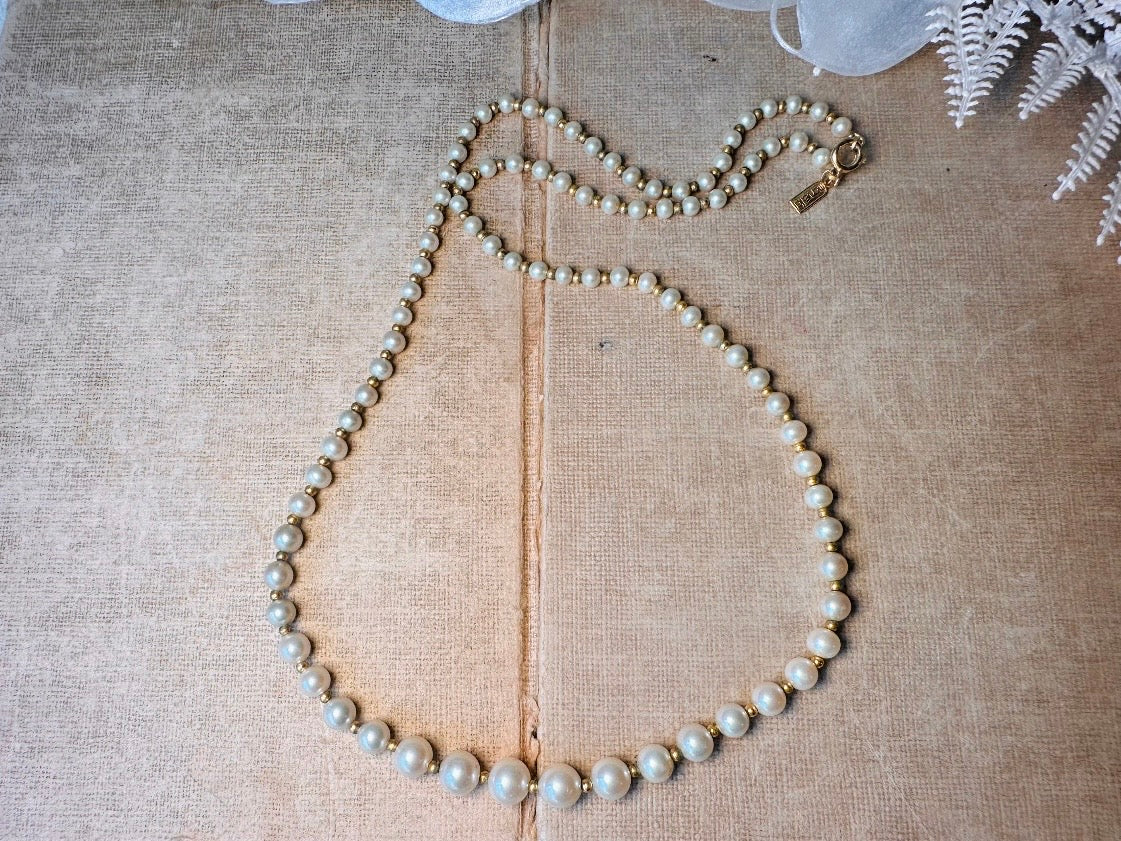 Marvella Pearl Necklace, 1950s Vintage Cream Faux Pearl Graduated Beaded Necklace