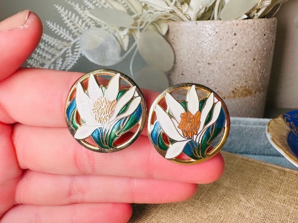 White Lily Clip On Earrings, Unique Enamel Cut Out Earrings, Gorgeous Vintage Lily Earrings in Gold, Green and Blue Cloisonné Earrings
