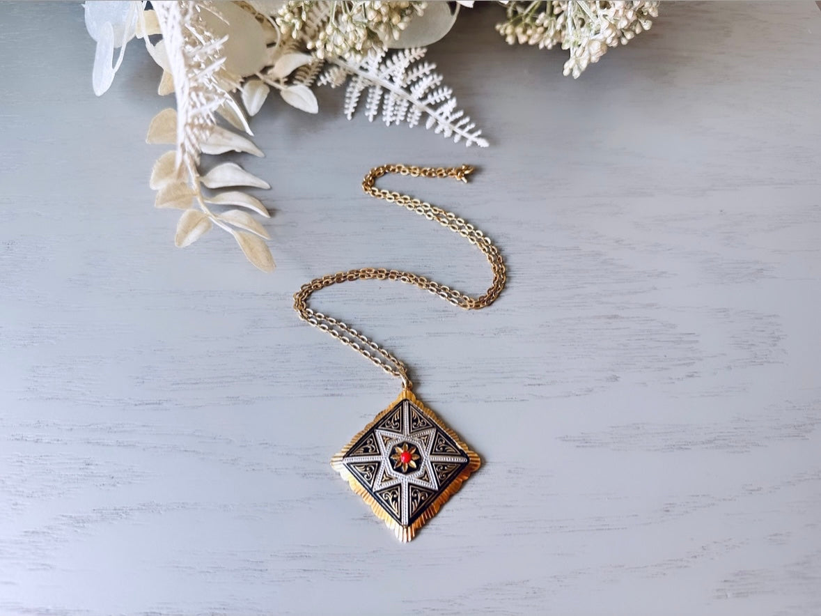 Vintage Spanish Damascene Necklace, Gold, Black and Silver with Orange Ballotini Bead, Vintage Gold Diamond Pendant Statement Necklace