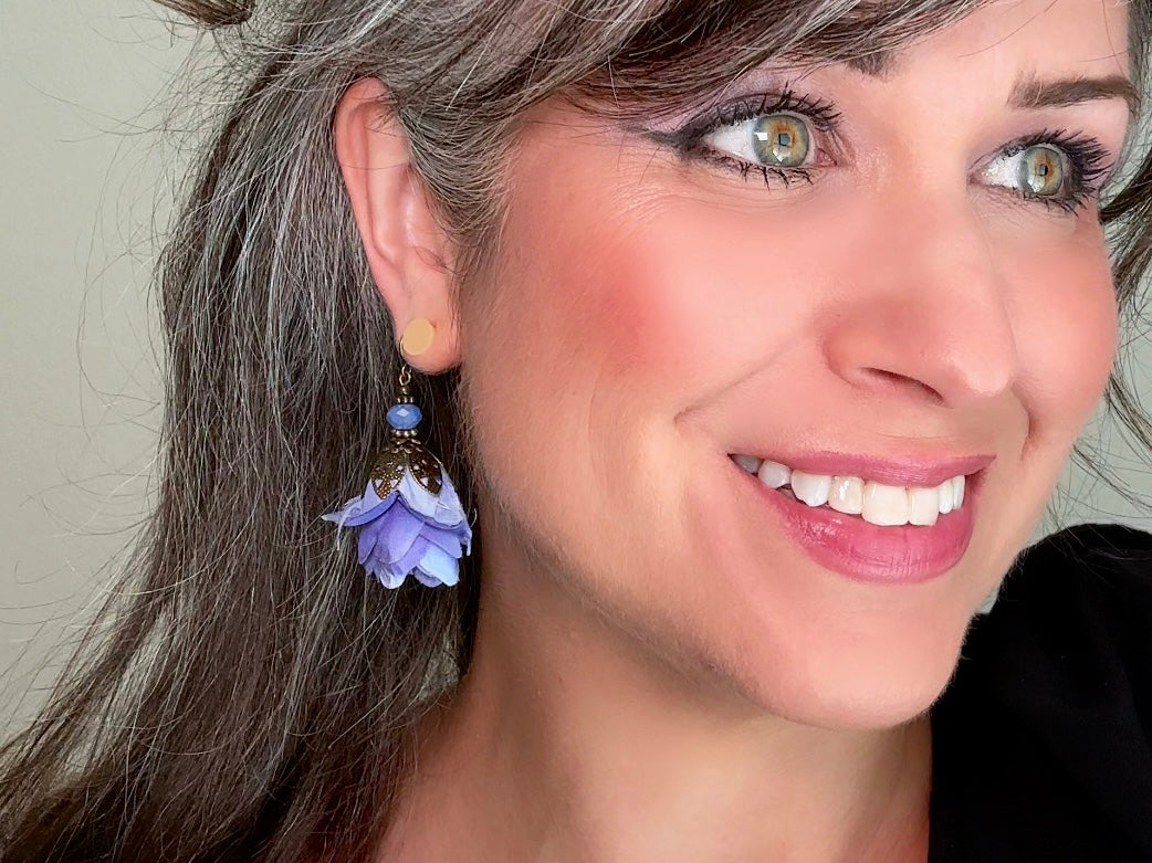 Faerie Flower Earrings in Periwinkle, Handmade Whimsical Organza Flower Earrings, Purple Blue Floral Earrings w Crystals and Hammered Bronze