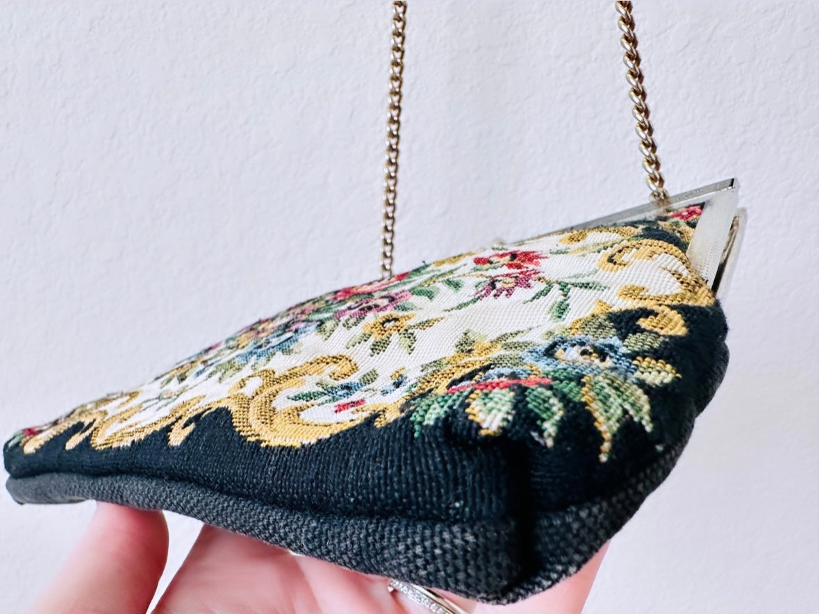 Vintage Black Floral Tapestry Purse with Gold Chain Strap, 1950s Vintage Handbag, Flower Print Gold Hardware