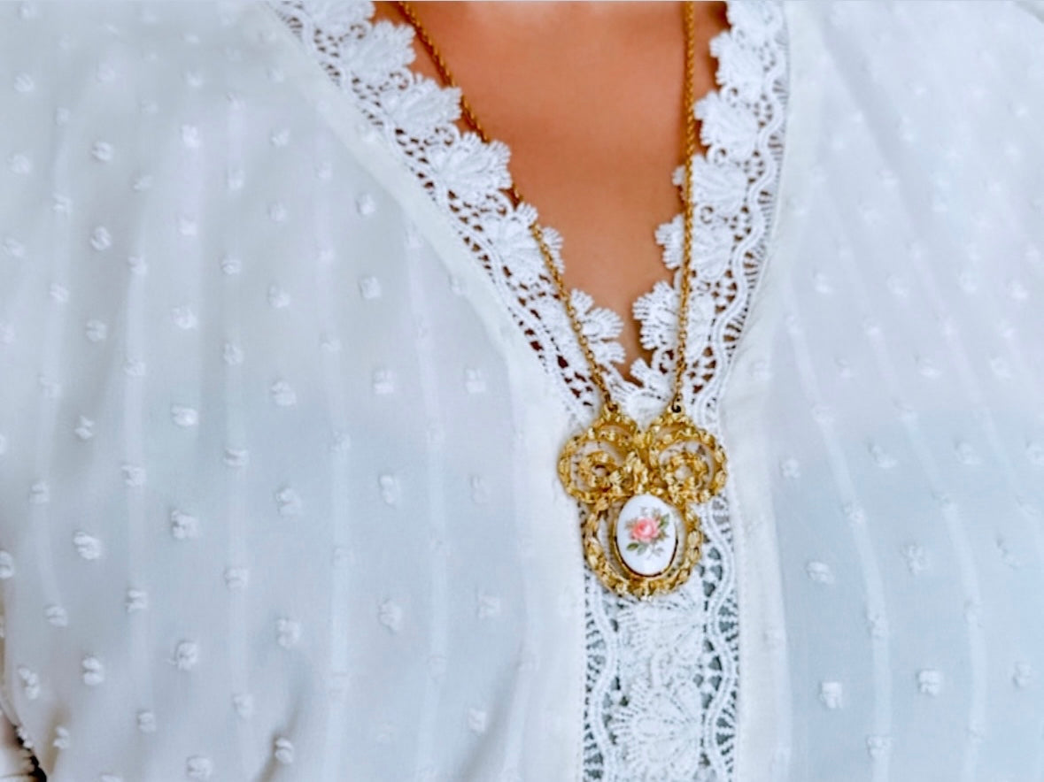 Bridgerton Rose Cameo Necklace, Vintage Gold Tone Floral Pendant Necklace, Cottagecore Porcelain Rose Flower Necklace, Long 24" Gold Chain Romantic Regency Era Necklace from Piggle and Pop