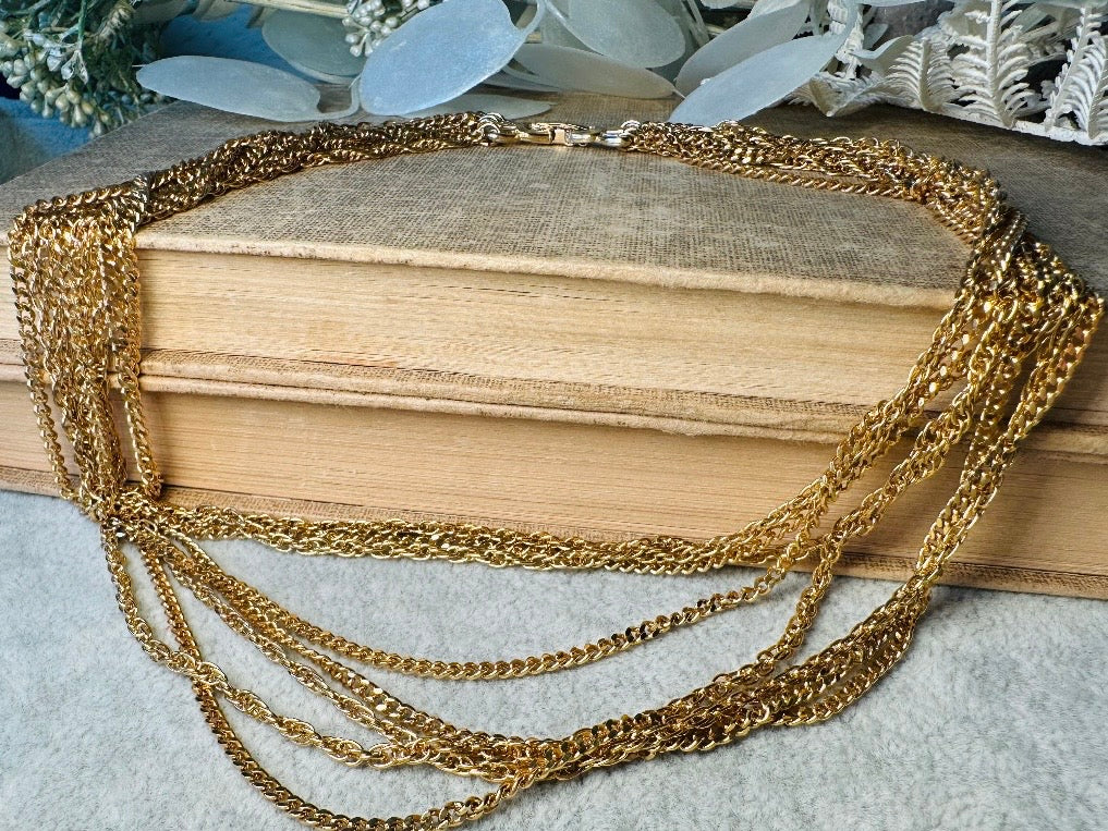 Vintage Gold Chain Multistrand Necklace, Gorgeous 8 Strand Fine Gold Chain Layered Necklace with Beautiful Butterfly Clasp