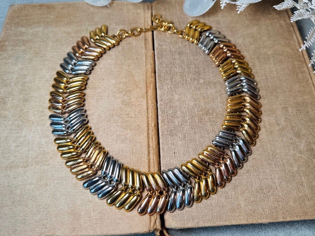Vintage Monet Collar Necklace, Striking Tritone Cleopatra Choker in Gold, Silver + Copper, Chunky Herringbone Articulated Statement Necklace