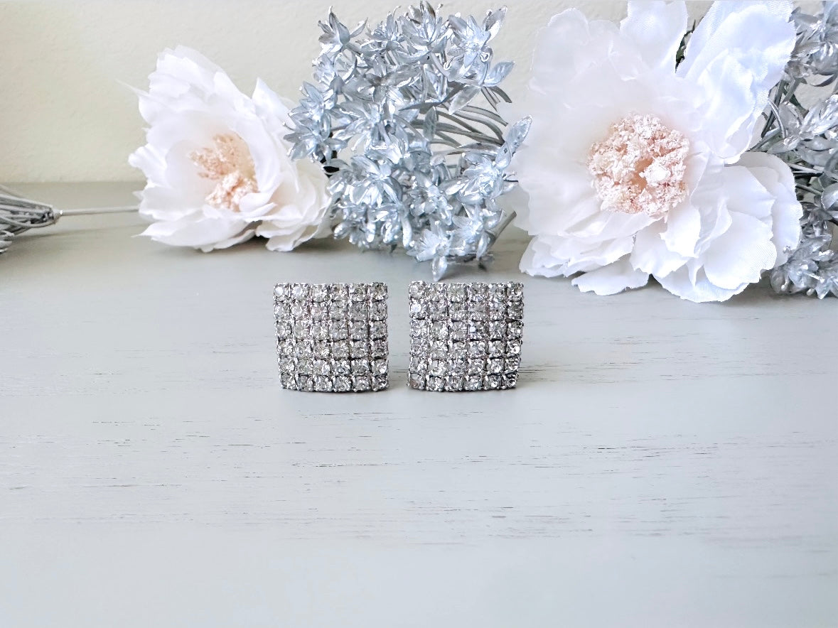 1970s Disco Earrings, Bejeweled Vintage Rhinestone Earrings, Big Square Statement Earrings, Sparkling Silver Earrings, Retro Glam Style