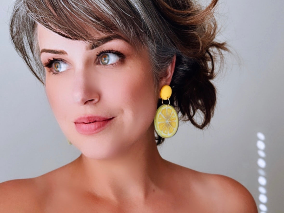 Bright Yellow Lemon Earrings, 1993 Tooty Fruity Summer Fruit Earrings, Vintage Acrylic Earrings, Big 90s Does 60s Retro Lemon Slice Earring