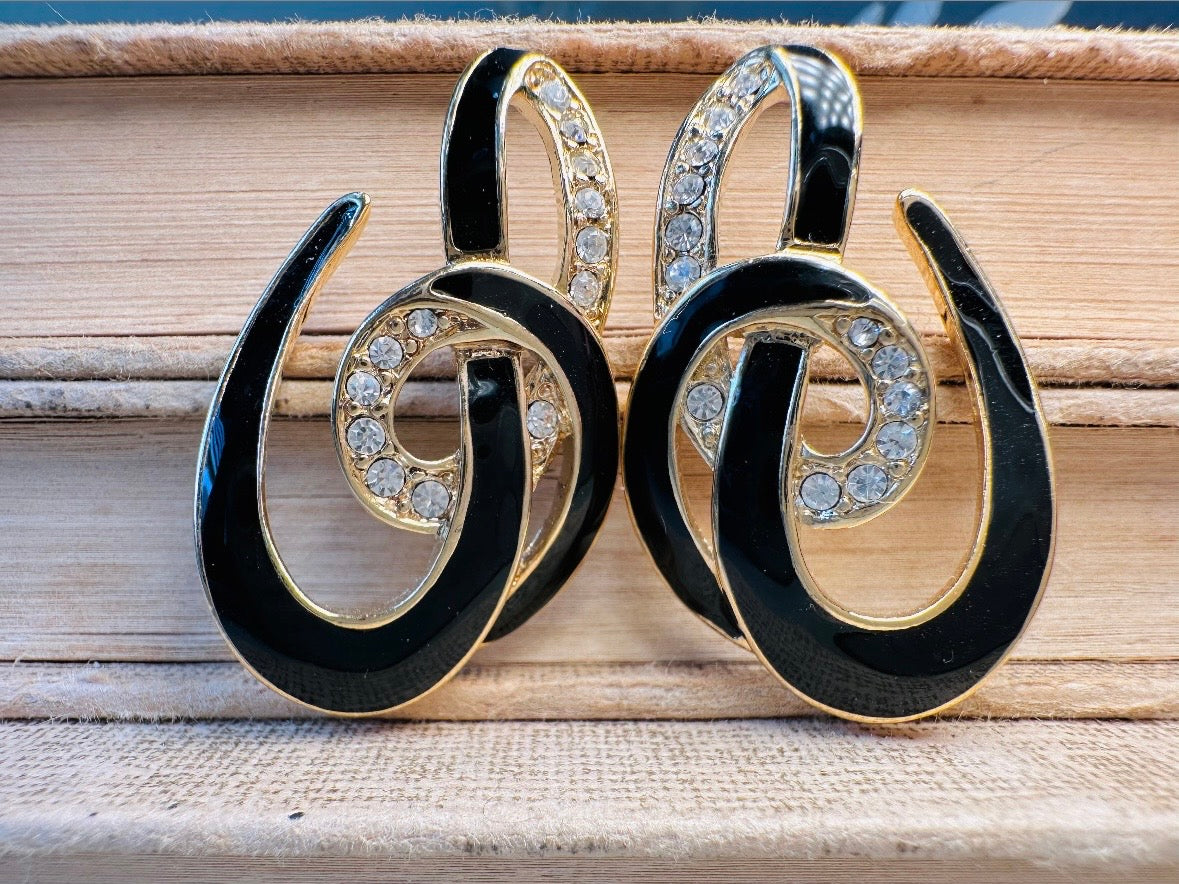 Vintage Trifari Earrings, Gorgeous Abstract Black Enamel and Rhinestone Earrings, Geometric Pierced Earrings, Deadstock Designer Vintage