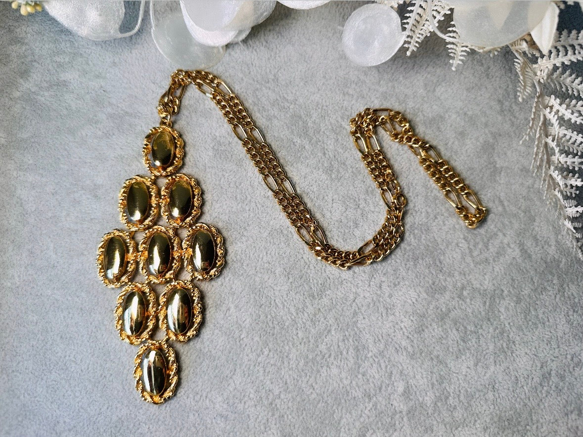 Huge Gold Pendant Necklace, Long Gold Vintage Necklace, Unique Bold Geometric Chunky Gold Necklace